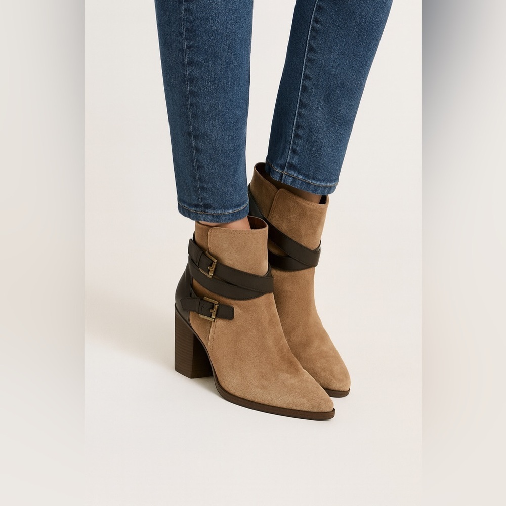 Aquatalia Tan Suede Ankle Booties with Dark Brown Straps